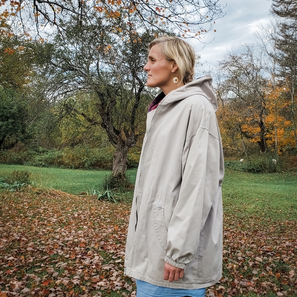 VINTAGE Raggs Oversized Beige Hooded Dolman Jacket with Red Plaid Accent - Picture 4 of 6